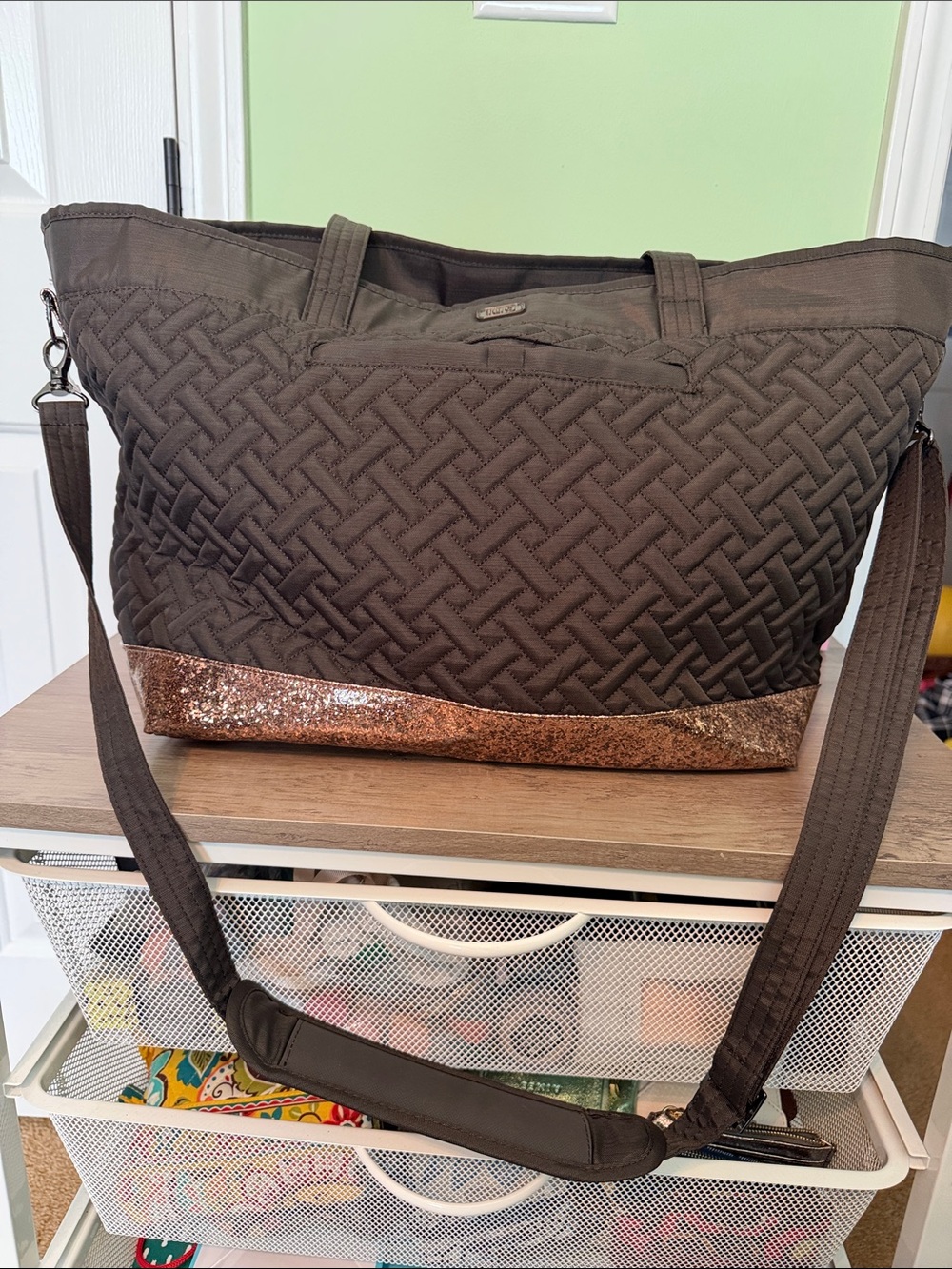 lug Avion Quilted Tote with Rose Gold Glitter Trim - Brown